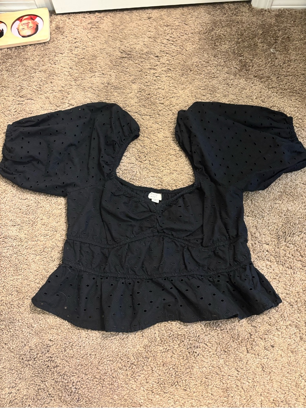 a new day Black Eyelet Puff-Sleeve Peplum Blouse